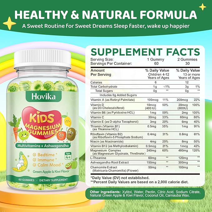 2 Pack Center-Filled Magnesium Glycinate Gummies for Kids - Magnesium Supplement Gummes with L-Theanine, Chamomile & Multivitamins for Sleep, Calm & Focus, Melatonin-Free - Green Apple & Kiwi, 60 CT