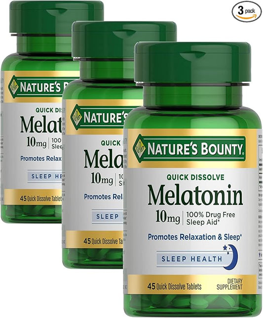 Nature's Bounty Melatonin, 100% Drug Free Sleep Aid, Dietary Supplement, Promotes Relaxation and Sleep Health, 10mg, 45 Quick Dissolve Tablets (Pack of 3)