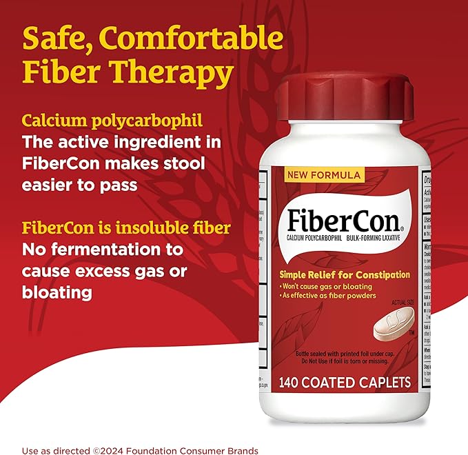 FiberCon Fiber Therapy Coated Caplets, Safe, Simple & Comfortable Insoluble Fiber for Bowel Irregularity, Comfortable Constipation Relief with No Gas or Bloating, 140 Caplets (Pack of 2)