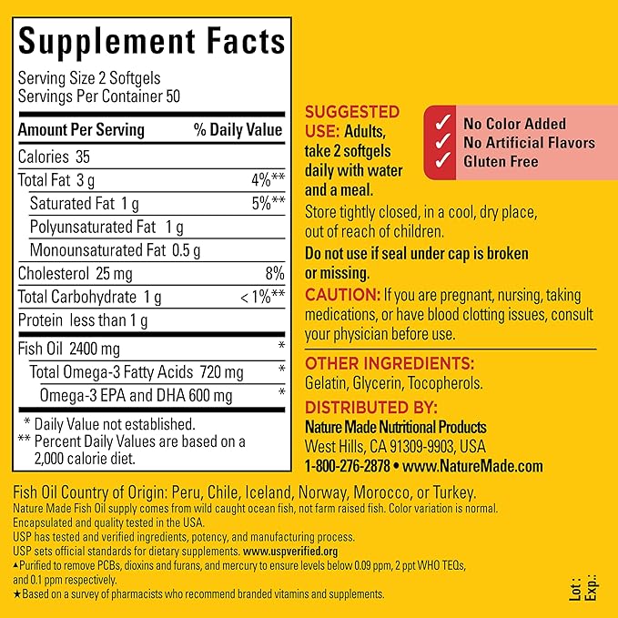 Nature Made Fish Oil Omega 3 Supplements, 1200mg Softgels, Omega 3 Fish Oil for Healthy Heart Support, 100 Softgels, 50 Day Supply