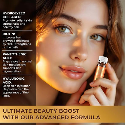 Liquid Collagen Peptides with Biotin & Hyaluronic Acid - 3000mg Hydrolyzed Collagen Type 1 and 3, Biotin 10000mcg, Vitamins B5, B6, C & E - Liquid Collagen Shots for Women and Men