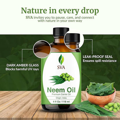 SVA Neem Seed Oil - 4 Fl Oz – 100% Natural Cold Pressed Neem Oil - for Face, Skin Care, Hair Care, Scalp Massage & Body Massage – Carrier Oil with Dropper