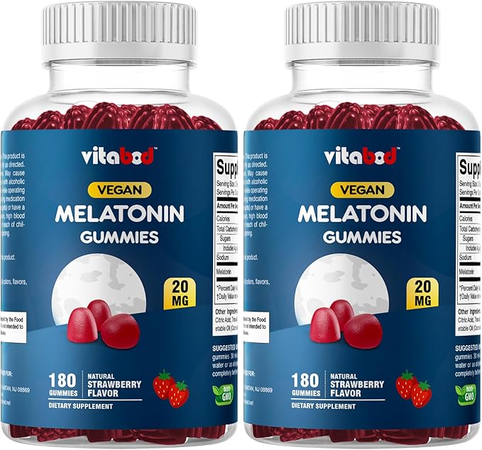 Vitabod Melatonin 20mg Gummies - 180 Count - Drug Free - Natural Strawberry Flavor - Vegetarian, Non-GMO, Gluten Free (2 Bottles)