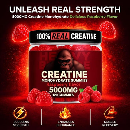 Creatine Monohydrate Gummies 5g Sugar Free Creatine with Vitamin B12 and L-Taurine | Muscle Growth for Men and Women | Low Calorie Formula 120 Gummies for 30 Servings, Raspberry