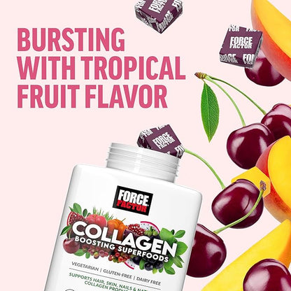FORCE FACTOR Collagen Boosting Superfoods, Vegan Collagen Booster for Women, With Biotin, Hyaluronic Acid, and Vitamin C, For Hair, Skin, Nails, & Joint Support, Tropical Fruit, 180 Soft Chews, 3-Pack