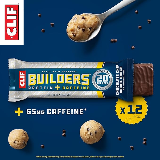 CLIF BUILDERS + Caffeine Protein Bars - Chocolate Chip Cookie Dough Flavor - 20g Plant Based Protein - Gluten Free - Non-GMO - Low Glycemic - No Artificial Sweeteners - 2.4 oz. (12 Pack)