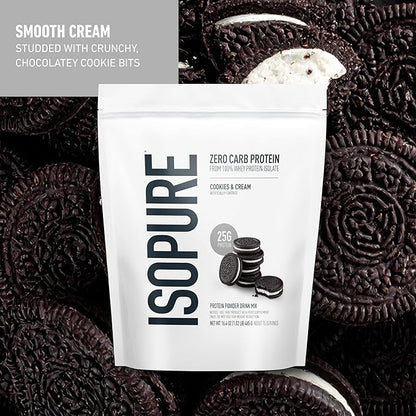 Isopure Zero Carb 100% Pure Whey Isolate Protein Powder, Gluten Free, With Vitamins, Cookies & Cream, 25g Protein Per Serving, 1 Lb, 15 Servings (Packaging May Vary)