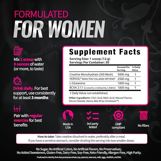 Creatine for Women – Supplement with Collagen & BCAA – Supports Muscle Development, Post-Workout Recovery, Skin Elasticity, Healthy Hair & Nail (30 Servings (1 Pack), Raspberry Pomegranate)