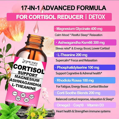 2 Pack Cortisol Supplements for Women, 17-in-1 Cortisol Calm Detox Reducer Manager w. Magnesium Ashwagandha Theanine, Cortisol Liquid Drops for Relax, Recess Mood & Hormone Harmony, Cortisol Drink Mix