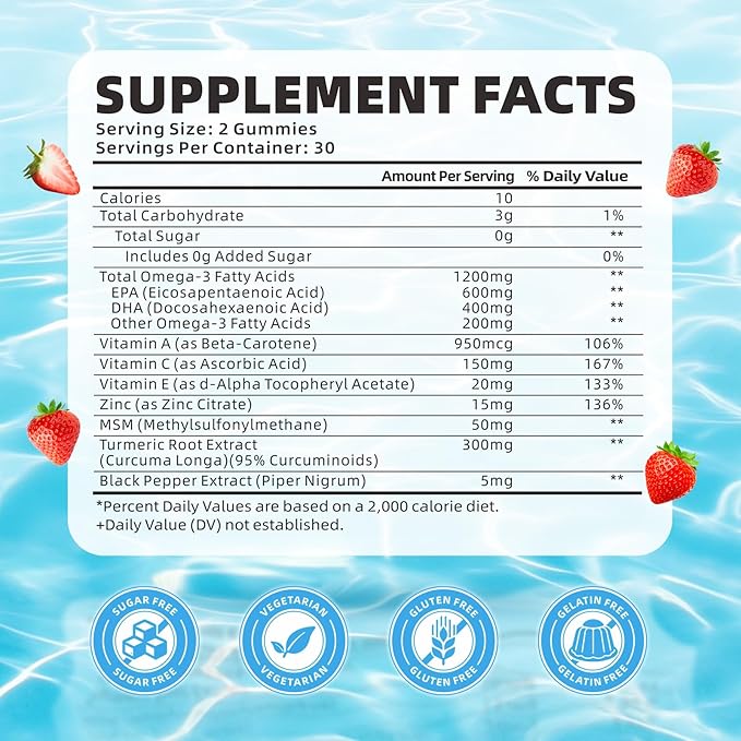 softbear Omega 3 Gummies for Women & Men & Kids Omega 3 Supplements 1200mg Vegan Omega 3 Fatty Acids DHA EPA with Vitamins Support Eye & Brain Health, Sugar Free, Strawberry Flavor 120 Count