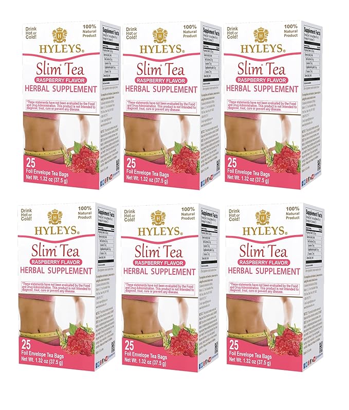 Hyleys Slim Tea Raspberry Flavor - Weight Loss Herbal Supplement Cleanse and Detox - 25 Tea Bags (6 Pack)