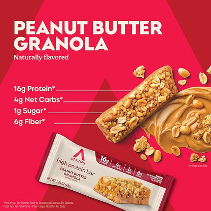 Atkins Peanut Butter Granola High Protein Bar, High Fiber Snack , 16g Protein, 1g Sugar, 4g Net Carb, Protein Snack, 12 Count