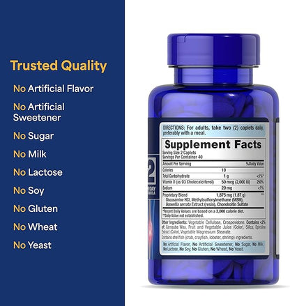 Puritan's Pride Advanced Glucosamine Chondroitin MSM With Vitamin D3 50mcg (2000 IU), Dietary Supplement for Joint Health, 80 Coated Tablets