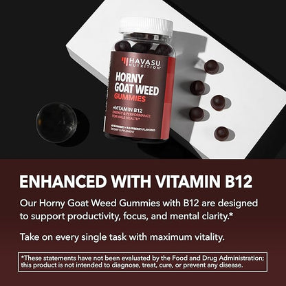 Horny Goat Weed Gummies with Vitamin B12 - Energy, Endurance & Performance Support for Male Health - 30 Count - Vegetarian-Friendly, Non-GMO, Pectin-Based - Raspberry Flavor, 15 Servings