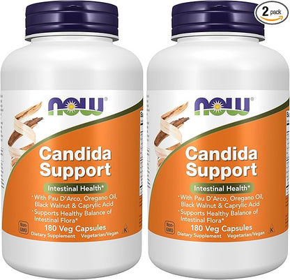 NOW Foods Supplements,Candida Support with PAU D'Arco,Oregano Oil,Black Walnut & Caprylic Acid,180 Veg Capsules,(Pack of 2)