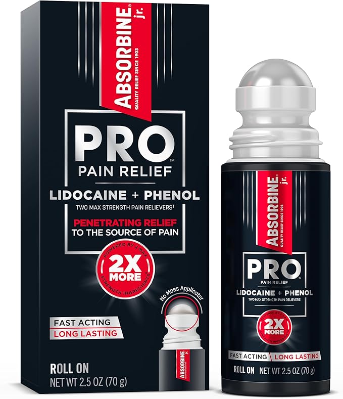 Absorbine Jr. PRO Maximum Strength Lidocaine Roll-On for Targeted Nerve and Muscle Pain Relief, 4% Lidocaine + 1.5% Phenol, Fast Acting & Long Lasting, 2.5 oz
