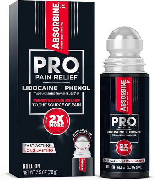 Absorbine Jr. PRO Maximum Strength Lidocaine Roll-On for Targeted Nerve and Muscle Pain Relief, 4% Lidocaine + 1.5% Phenol, Fast Acting & Long Lasting, 2.5 oz