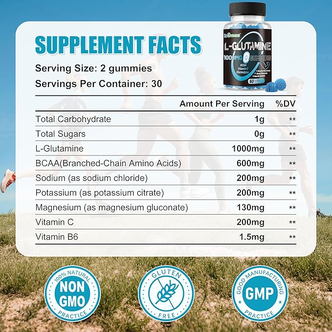 L-Glutamine Gummies 1000mg with BCAA, Potassium, Magnesium & Vitamin C, Muscle Recovery, Endurance Support & Daily Nutrition, Portable Supplement for Men＆Women, Lime Grapefruit Flavor, 60 Count