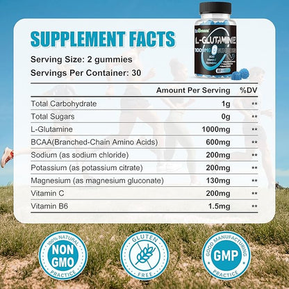 L-Glutamine Gummies 1000mg with BCAA, Potassium, Magnesium & Vitamin C, Muscle Recovery, Endurance Support & Daily Nutrition, Portable Supplement for Men＆Women, Lime Grapefruit Flavor, 60 Count