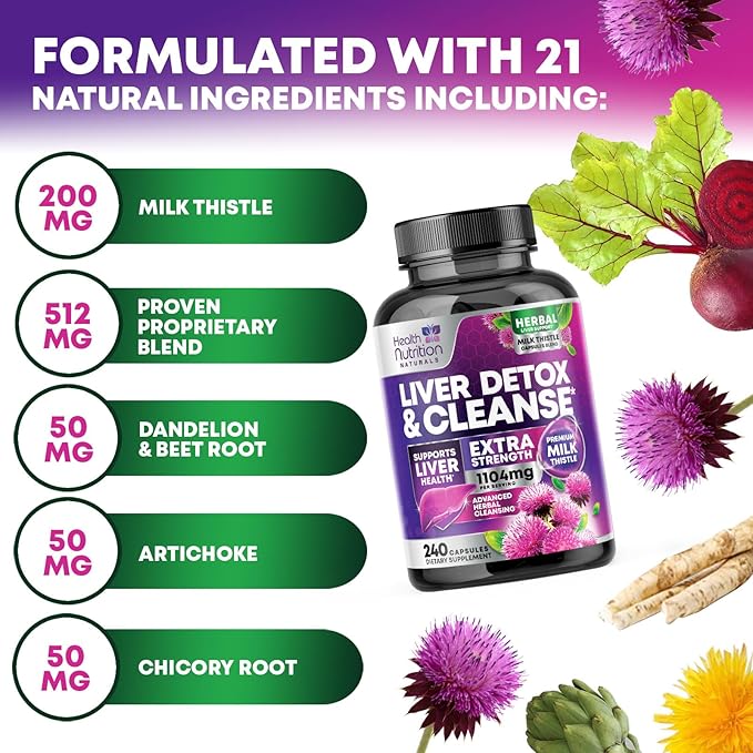 Gentle Liver Cleanse Detox & Repair Formula - Advanced Liver Support Supplement with Silymarin Milk Thistle, Dandelion Root, Artichoke Extract, Turmeric, Choline, & Beetroot - 240 Veggie Capsules