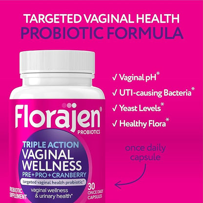 Florajen Women’s Triple-Action Probiotic, Prebiotic + Probiotic + Cranberry for Vaginal, Digestive, & Immune Support - Fast-Acting - Clinically-Studied - Gluten-Free & Vegan - 30-Count