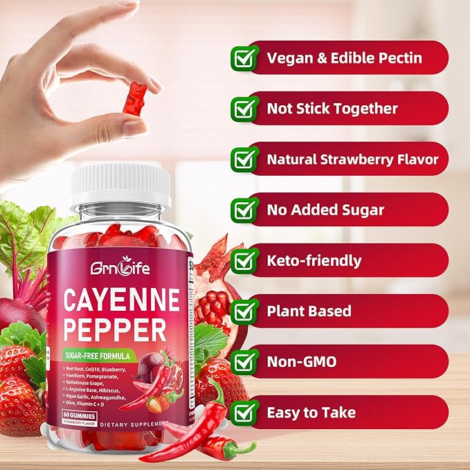 Cayenne Pepper Beet Root Gummies, with Beetroot Garlic CoQ10 Hawthorn Berry Grape Seed Extract Olive Leaf Nattokinase Hibiscus Vitamin D Nitric Oxide and Others, Support Overall Wellness, 60 Count