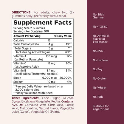 Nature’s Bounty Optimal Solutions Advanced Hair, Skin and Nails Pectin Gummies, 2x Biotin Per Serving, No Stick Gummy, Vegetarian Formula, Strawberry Flavor, 200 ct, 100 Total Servings