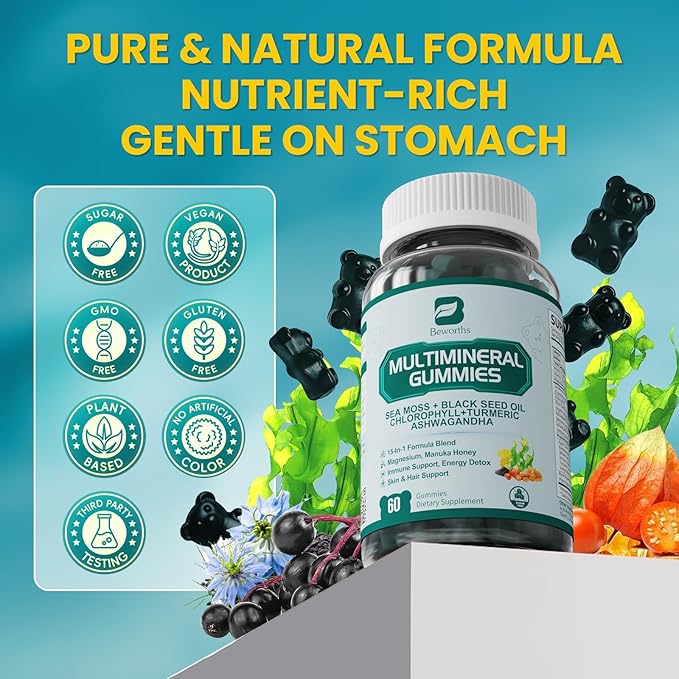 Sea Moss Gummies with Ashwagandha & Chlorophyll, Immune, Digestive and Gut Detox Support, Powered by Black Seed Oil, Vitamin C, Vitamin D & Magnesium, GMO, Vegan, Apple Flavor, 60 SeaMoss Gummies
