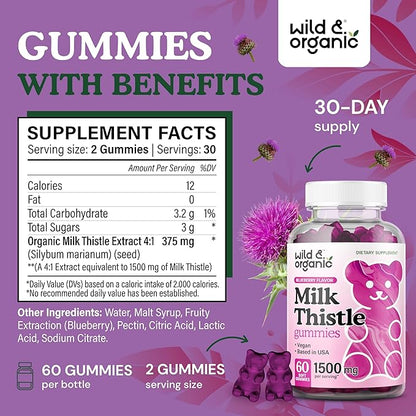 Wild & Organic Milk Thistle Gummies 1500 mg - Milk Thistle Supplement for Liver Cleanse Detox - Silymarin Liver Detox Gummies - 30 Days Supply - 60 Vegan, Non-GMO Chews