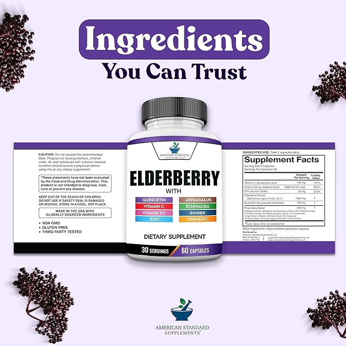 American Standard Supplements Elderberry Extract with Quercetin, Vitamin C, D3, Ginger, Zinc, Turmeric, Astragalus and Echinacea – 60 Capsules, 30 Servings