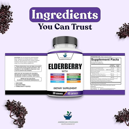 American Standard Supplements Elderberry Extract with Quercetin, Vitamin C, D3, Ginger, Zinc, Turmeric, Astragalus and Echinacea – 60 Capsules, 30 Servings