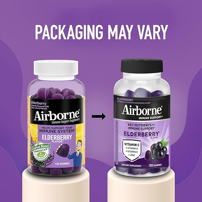 Airborne Elderberry + Zinc & Vitamin C Gummies for Adults,Immune Support with Antioxidants Vitamins C,D & E,Elderberry Flavor,130 Count (Pack of 2)