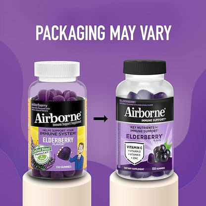 Airborne Elderberry + Zinc & Vitamin C Gummies for Adults,Immune Support with Antioxidants Vitamins C,D & E,Elderberry Flavor,130 Count (Pack of 2)