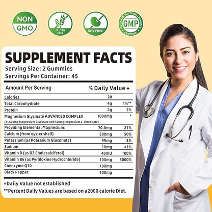 Magnesium Glycinate Gummies 1000mg - Sugar Free Magnesium Potassium Supplement with Vitamin D, B6, CoQ10 for Calm Mood & Sleep Support - 180 Mango Pineapple