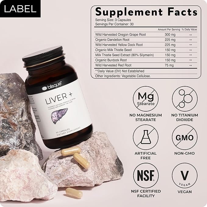 Blisque – Liver Complex Supplement to Detox, Cleanse, and Repair the Liver | Doctor Approved | Natural Ingredients | Milk Thistle, Dandelion, and Burdock Root | 90 Capsule Pills
