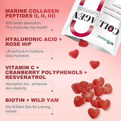 inGreens Collagen Peptides Gummies for Women - 5000mg Hydrolyzed Marine Collagen, Sugar Free with Type I,II,III & Biotin, 90 Count