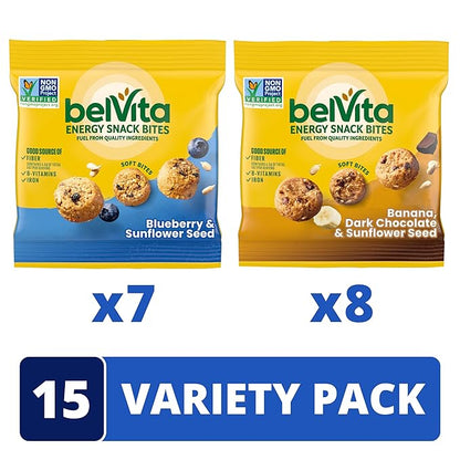 belVita Energy Snack Bites Variety Pack, Banana Dark Chocolate & Sunflower Seed, Blueberry & Sunflower Seed, 15 Snack Packs