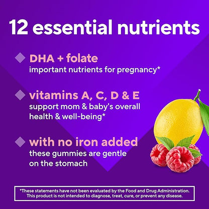 vitafusion PreNatal Gummy Vitamins, Raspberry Lemonade Flavor, Prenatal Vitamin Supplement for Women with Folate and DHA, 45 Day Supply, 90 Count