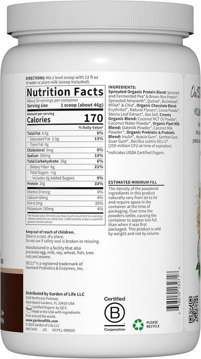 Garden of Life Creamy Plant Protein + Oat Milk Powder + Chocolate Flavor Vegan Protein Powder – Plant Based, Prebiotics & Probiotics, Gluten-Free, Non-GMO, Chocolate Brownie Flavor, 2 LBS