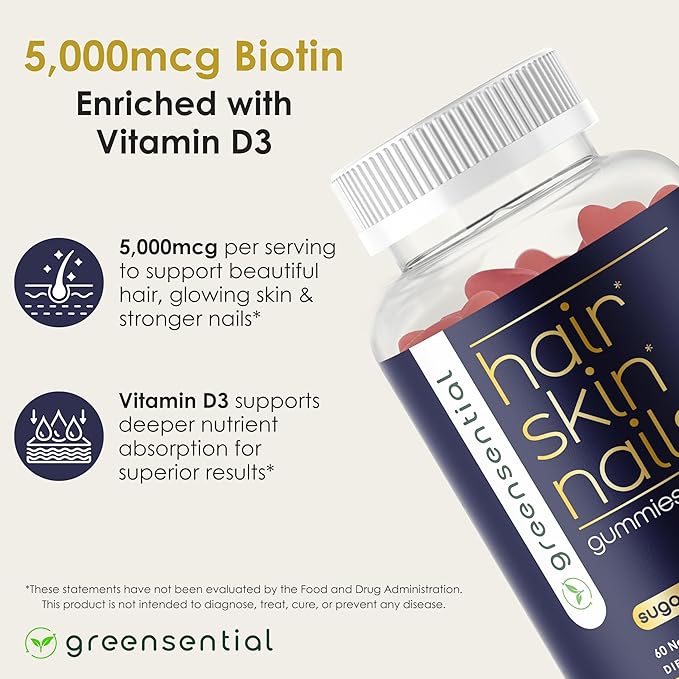 Sugar-Free Hair, Skin & Nails Gummies - Complete Vitamin Complex w/Natural Ingredients - Fuller Hair Support - No Artificial Colors, Natural Strawberry Flavor, Made in USA, 60 Ct