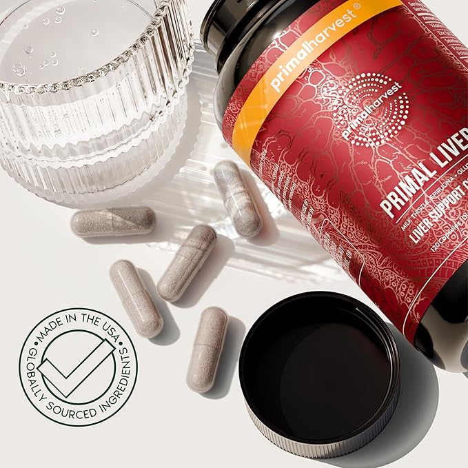 Primal Harvest Primal Liver Liver Supplement with, Alpha-Lipoic Acid, L-Cysteine HCL, L-Glutathione, Milk Thistle, and Spirulina, for Men and Women, 120 Capsules