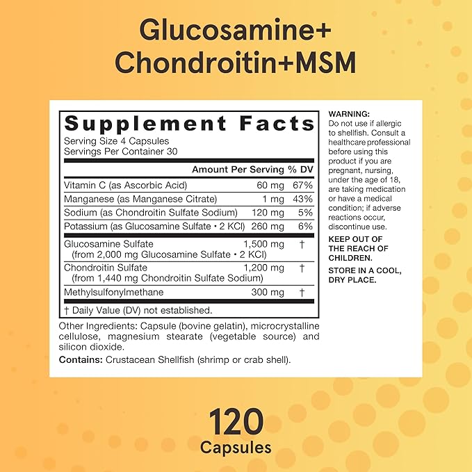 Jarrow Formulas Glucosamine, Chondroitin, and MSM Capsules; Joint Support Supplement with Vitamin C and Manganese, Bone & Joint Health, 120 Capsules, 30 Day Supply