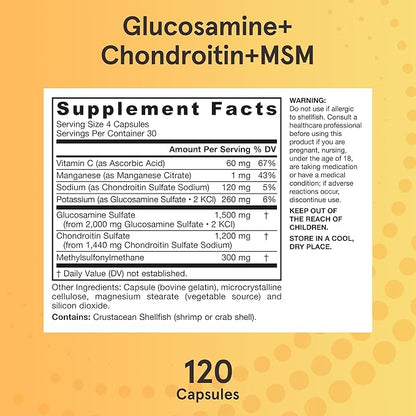 Jarrow Formulas Glucosamine, Chondroitin, and MSM Capsules; Joint Support Supplement with Vitamin C and Manganese, Bone & Joint Health, 120 Capsules, 30 Day Supply