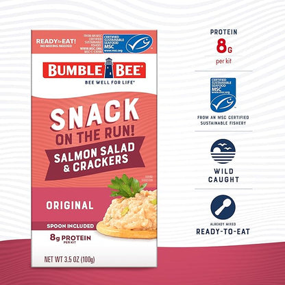 Bumble Bee Snack On The Run! Protein Snack Pack - 8g Protein per Box - Salmon Salad with Crackers Kit - Ready to Eat Easy-Open Can - Wild Caught MSC-Certified Seafood (Pack of 1)