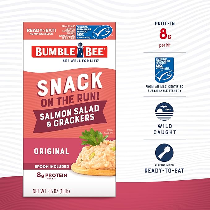 Bumble Bee Snack On The Run! Protein Snack Pack - 8g Protein per Box - Salmon Salad with Crackers Kit - Ready to Eat Easy-Open Can - Wild Caught MSC-Certified Seafood (Pack of 12)
