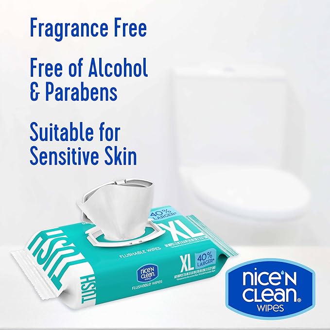 Nice 'N CLEAN Extra Large Flushable Wipes | 40% Larger Wipes | 6.8" x 7.5" Unscented XL Adult Wet Wipes | Septic and Sewer Safe | Fragrance Free, Hypoallergenic, Plant Based | 180 Butt Wipes