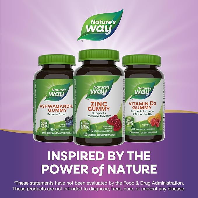 Nature's Way Zinc Gummies, Adult & Kids 9+ Immune Support Gummies*, 100% Daily Value per Serving, Mixed Berry Flavor, 120 Chews (Set of 2)