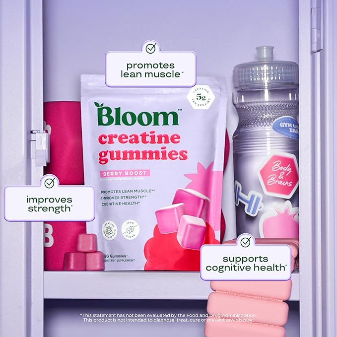 Bloom Creatine Monohydrate Gummies, 5g Per Serving, Sugar Free Creatine Gummy for Workout, Strength, Cognitive Health & Lean Muscle Support, Gluten Free & Non GMO, Berry Boost, 36 Gummies, 12 SVG