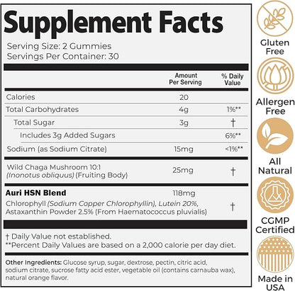 Auri Nutrition Super Mushroom HSN Gummies - Hair Skin and Nails Gummies Functional Mushrooms Supplement - with Wild Chaga, Chlorophyll, Lutein and Astaxanthin - 60 Orange Citrus Gummies