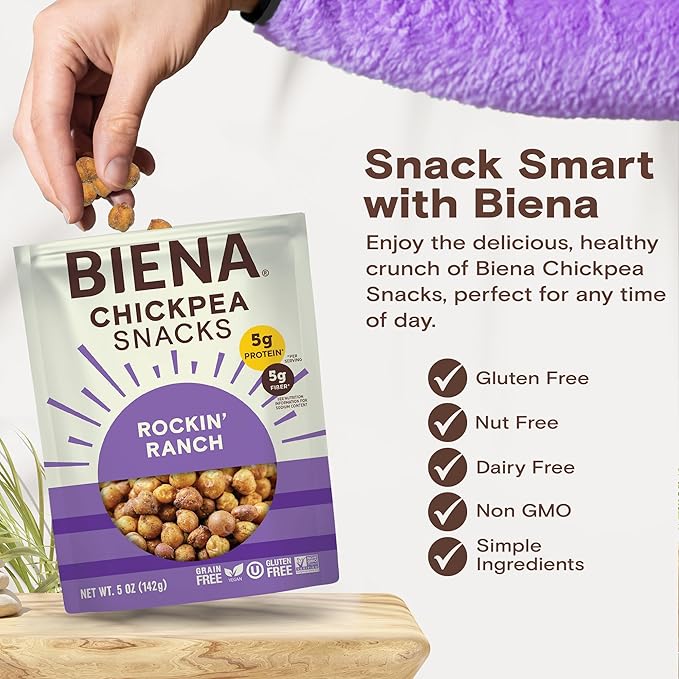 BIENA Chickpea Snacks - Crunchy Roasted Chickpeas - High Fiber Vegan Protein Snacks for Adults and Kids - 5 Ounce Individual Pack - Rockin' Ranch